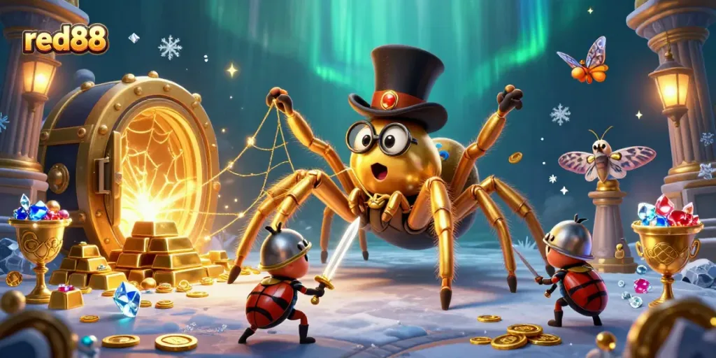 Join the adventure at red88 with a golden tarantula and beetle knight among treasure in a vibrant casino world.