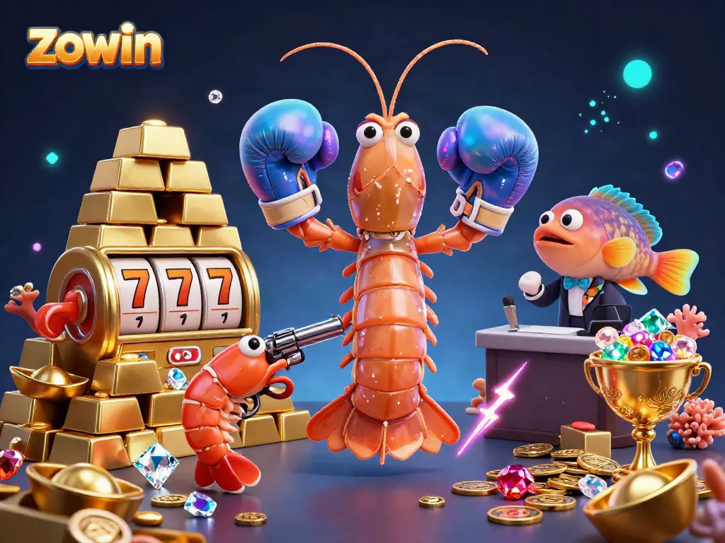 Zowin captures the excitement with a dynamic 3D casino scene featuring a mantis shrimp and treasure.