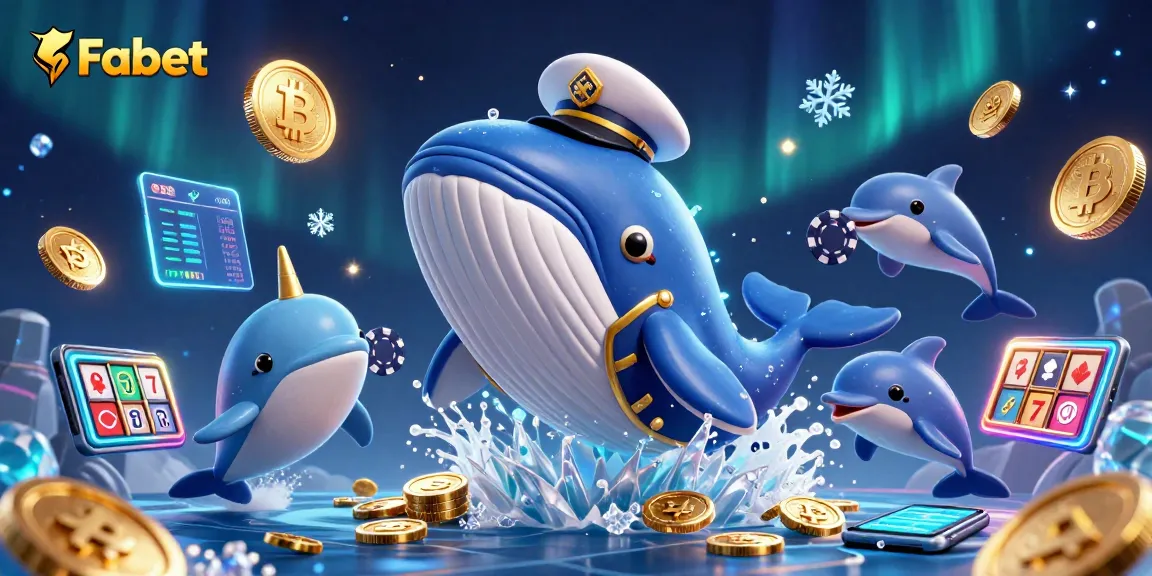 Fabet engages players with exciting slot reels and playful dolphins in a dazzling casino scene.