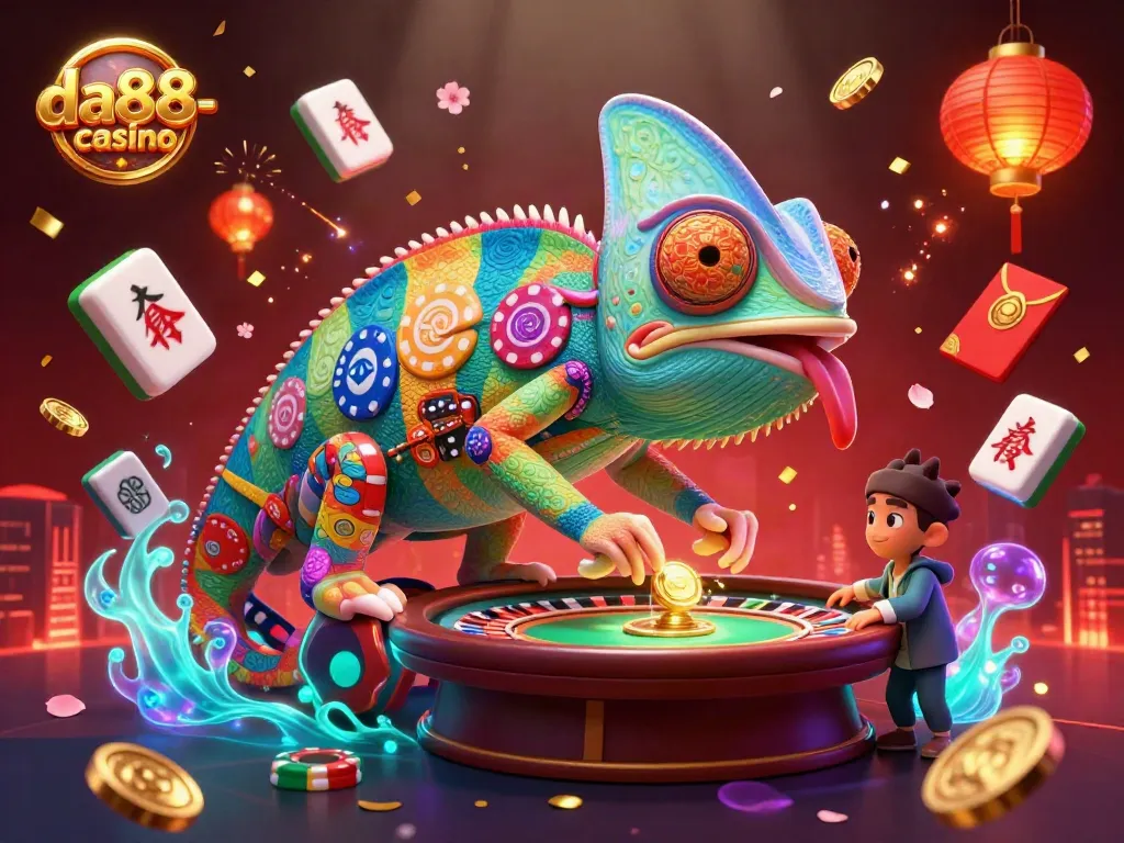 Experience the vibrant energy of da88-casino through a colorful chameleon owner capturing golden coins in a lively casino scene.