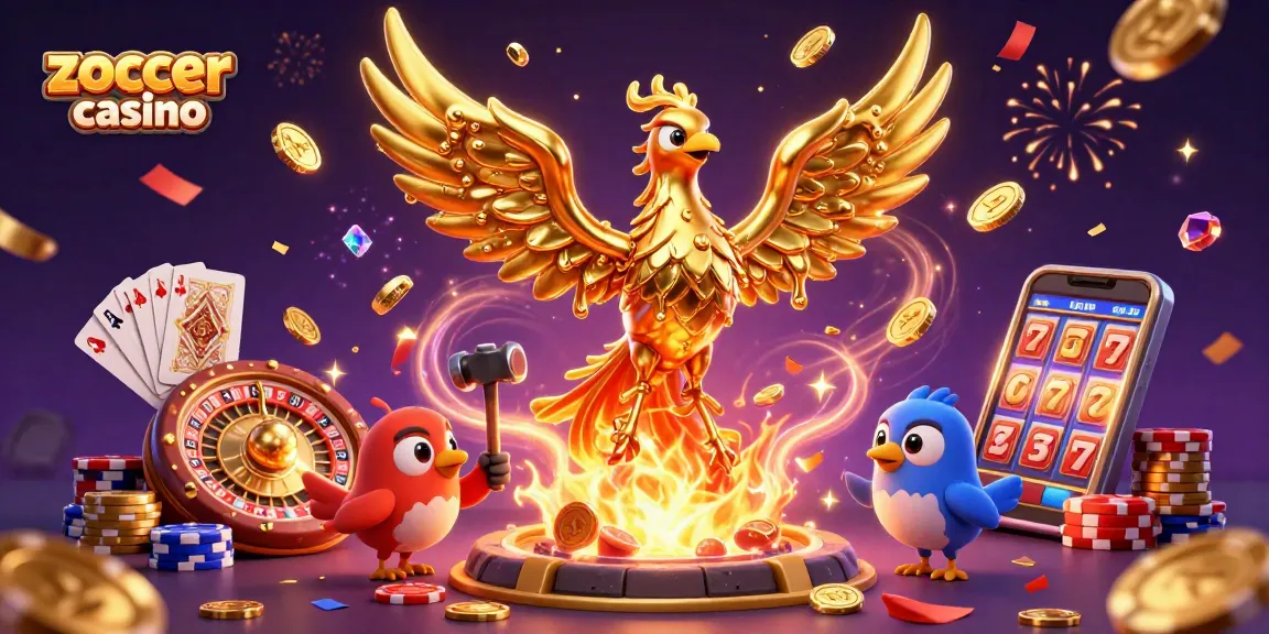 Experience the excitement of Zoccer Casino with a golden phoenix and dynamic casino elements.